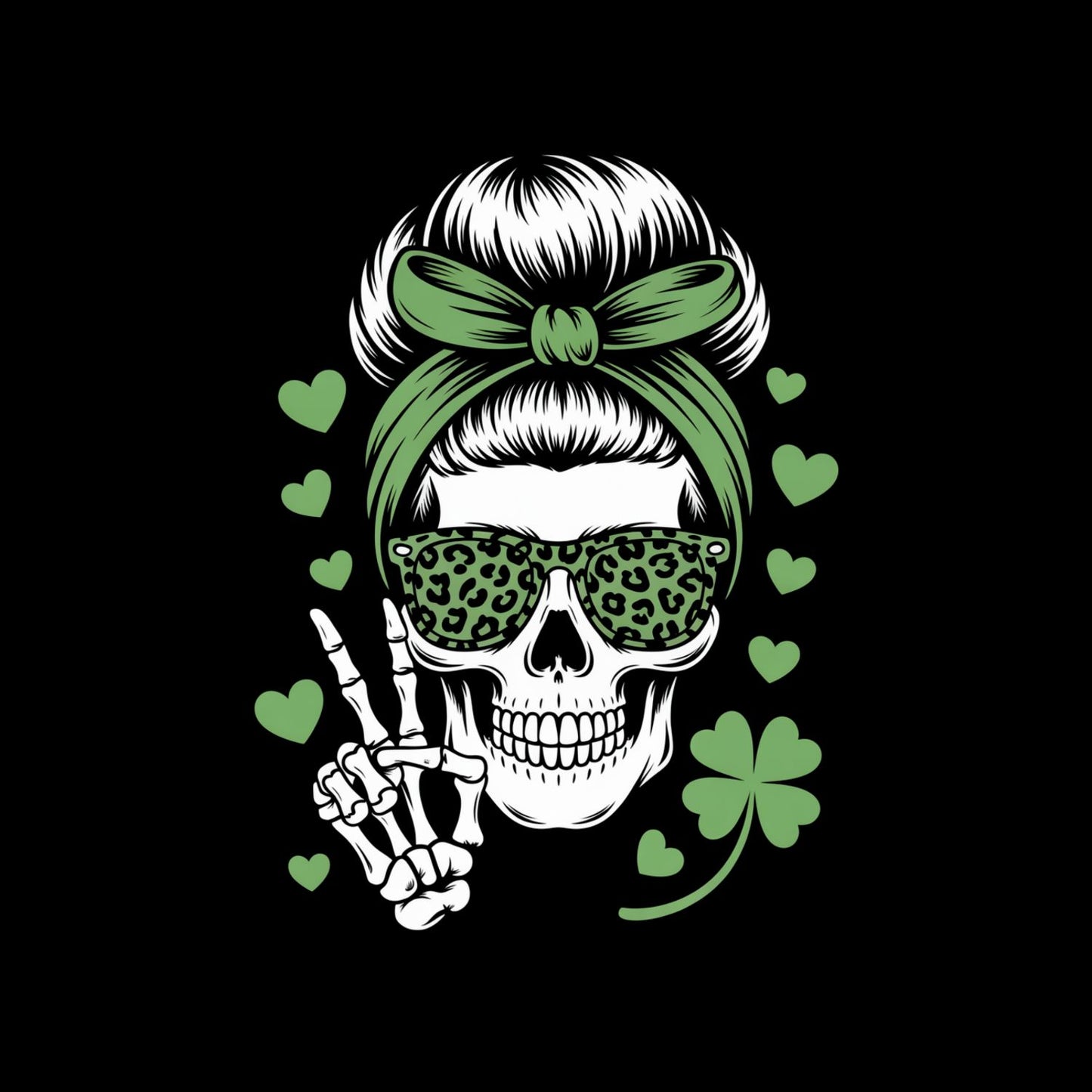 Skull Skeleton Hand Peace Head-wrap Shamrock Hearts T-Shirt | St Patrick’s Day T-Shirt |