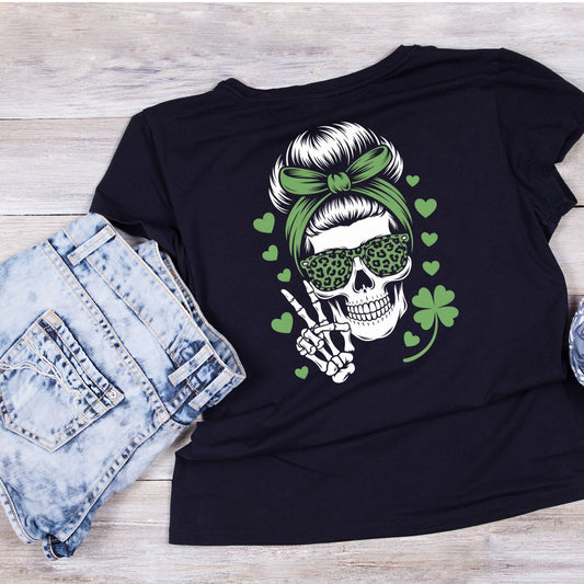 Skull Skeleton Hand Peace Head-wrap Shamrock Hearts T-Shirt | St Patrick’s Day T-Shirt |