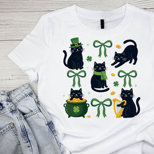 St Patrick’s Day Black Cat T-shirt | St Patrick’s Day T-shirt | Pot of Gold Bows