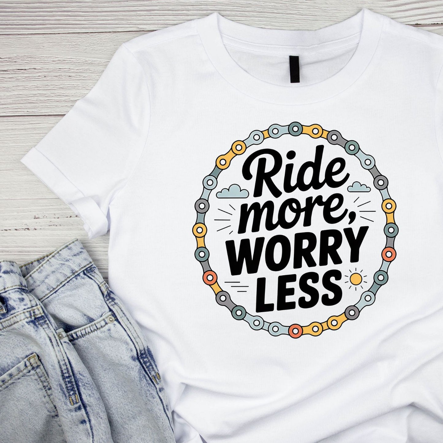 Ride More Worry Less T-Shirt | Cycling Graphic Tee | Bicycle Shirt