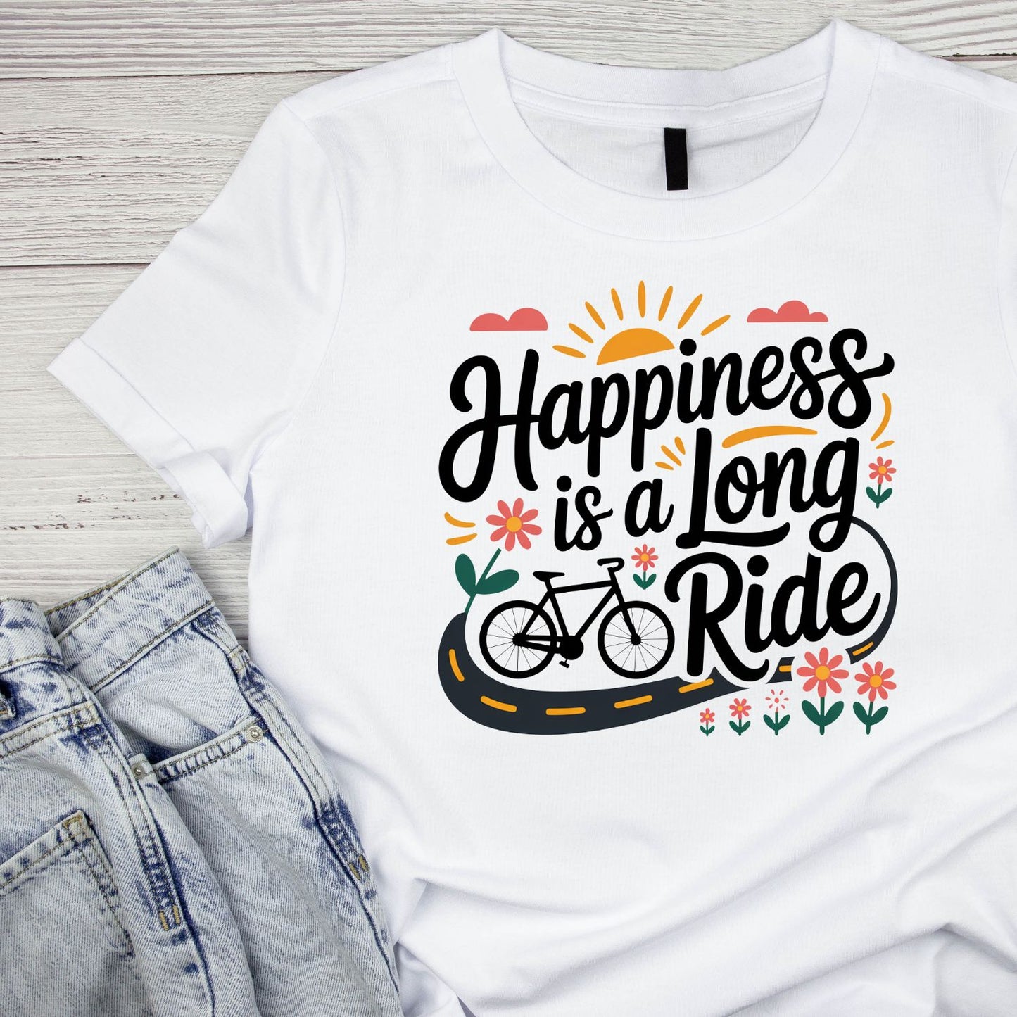 Happiness Is a Long Ride T-Shirt | Cycling Graphic Tee | Bicycle Shirt