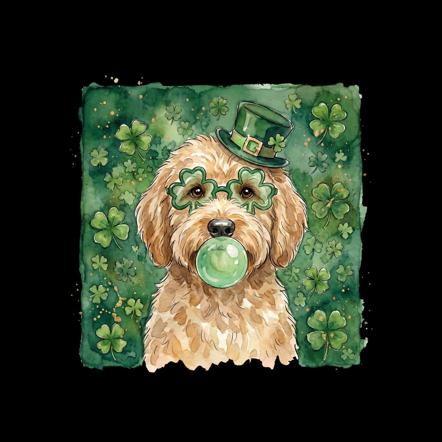 Dog Watercolour St. Patrick’s Day Wearing Top Hat & Glasses Blowing Gum Bubble T-shirt | St Patrick’s Day T-shirt | Shamrock