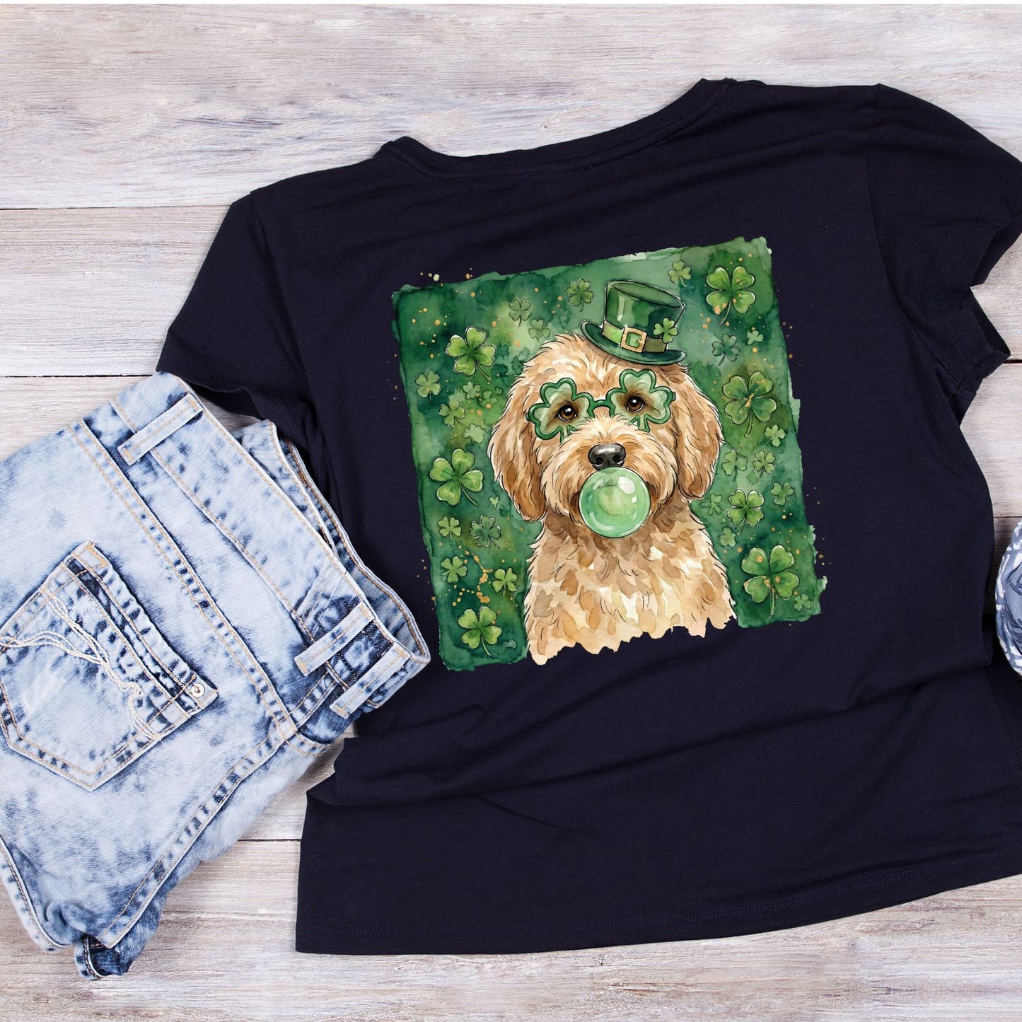 Dog Watercolour St. Patrick’s Day Wearing Top Hat & Glasses Blowing Gum Bubble T-shirt | St Patrick’s Day T-shirt | Shamrock