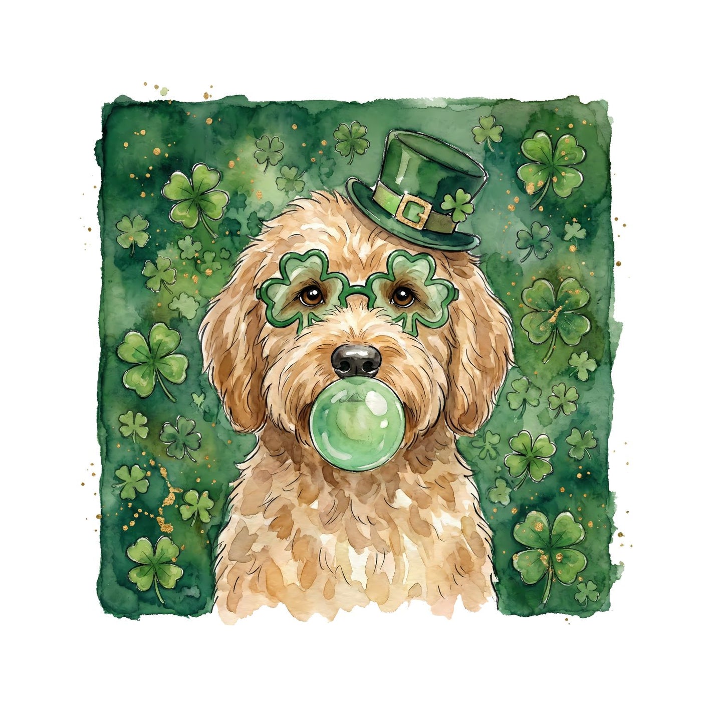 Dog Watercolour St. Patrick’s Day Wearing Top Hat & Glasses Blowing Gum Bubble T-shirt | St Patrick’s Day T-shirt | Shamrock