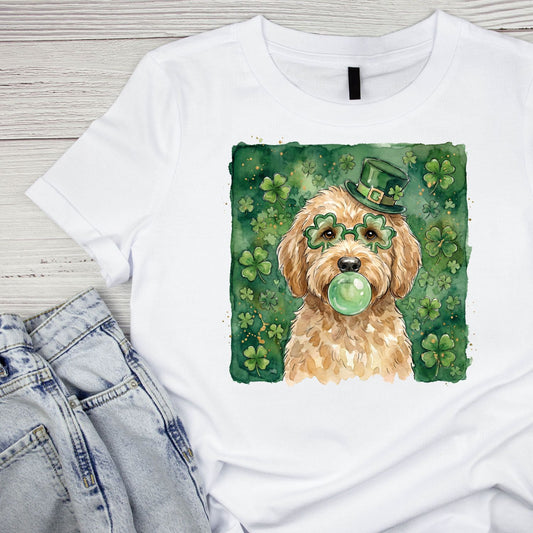 Dog Watercolour St. Patrick’s Day Wearing Top Hat & Glasses Blowing Gum Bubble T-shirt | St Patrick’s Day T-shirt | Shamrock