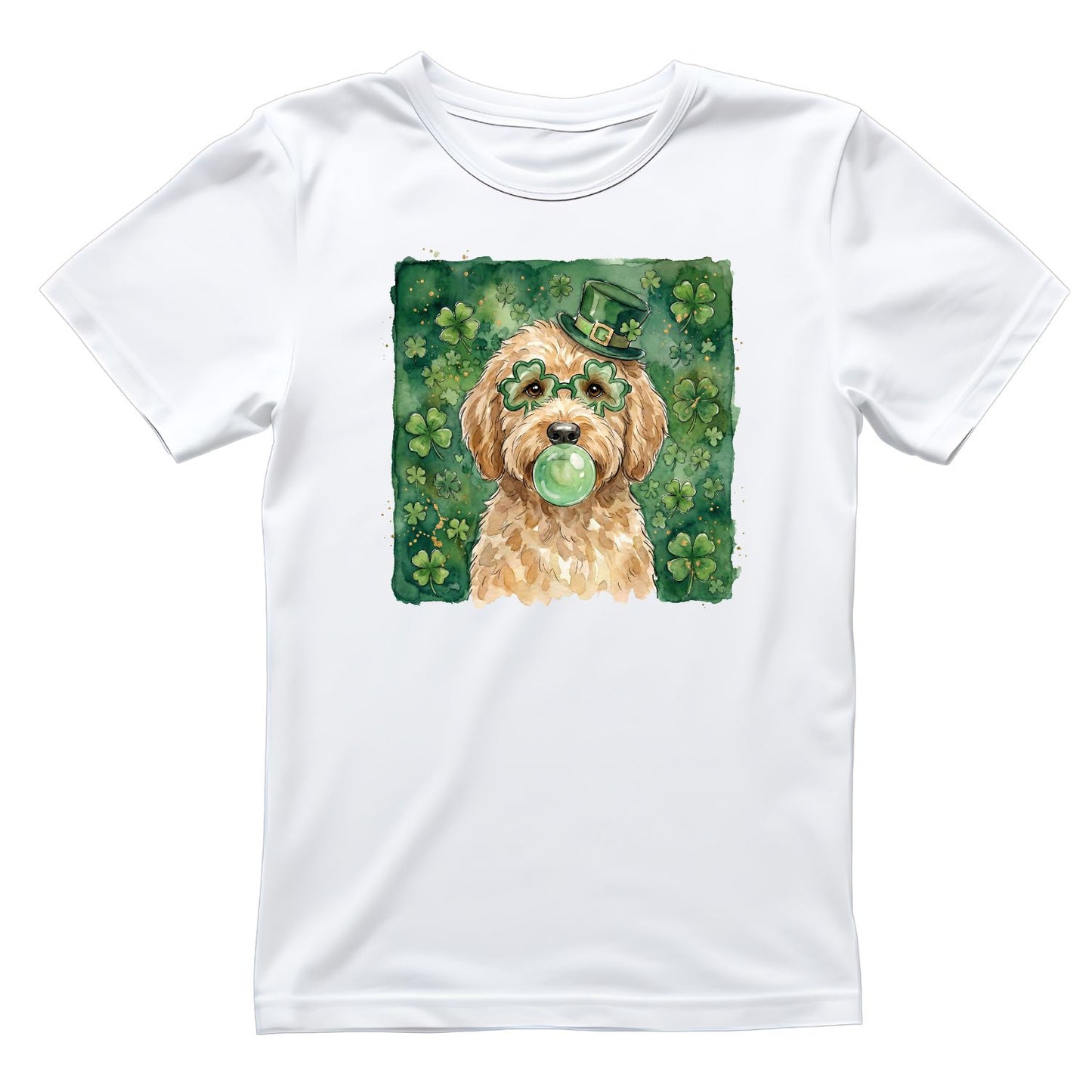 Dog Watercolour St. Patrick’s Day Wearing Top Hat & Glasses Blowing Gum Bubble T-shirt | St Patrick’s Day T-shirt | Shamrock