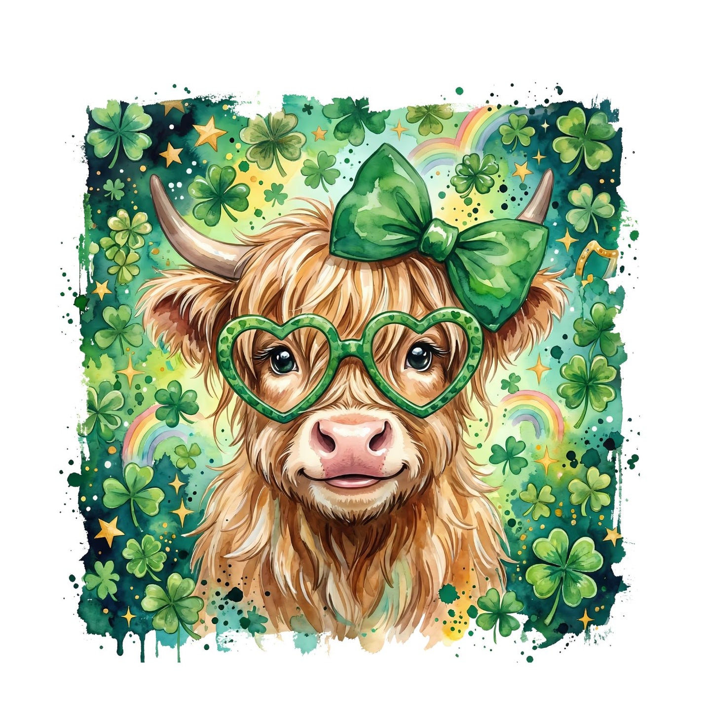 Highland Cow Watercolour St. Patrick’s Day Wearing Bow & Glasses T-shirt | St Patrick’s Day T-shirt | Shamrock