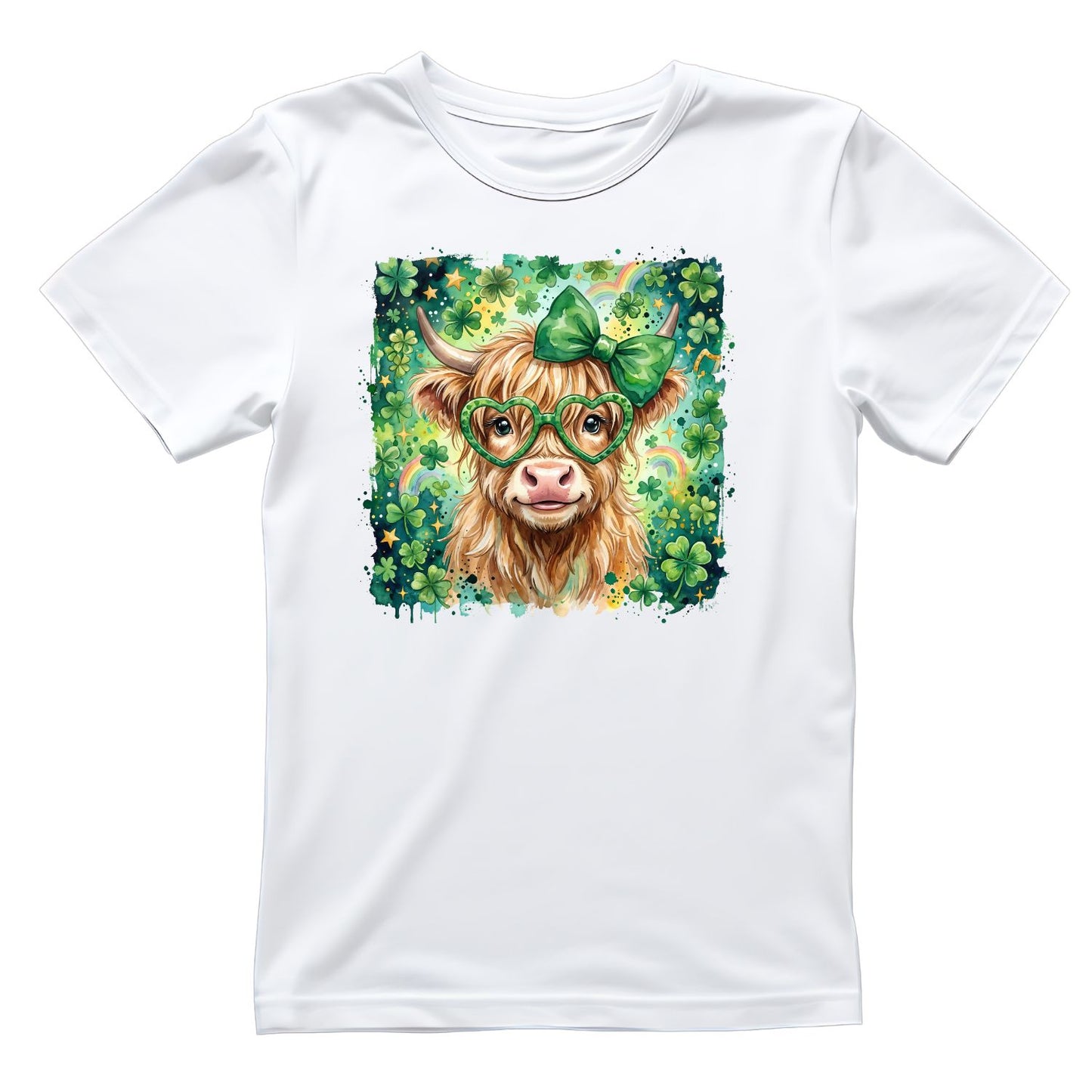 Highland Cow Watercolour St. Patrick’s Day Wearing Bow & Glasses T-shirt | St Patrick’s Day T-shirt | Shamrock