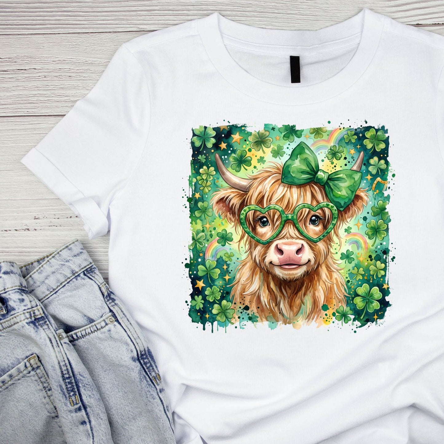 Highland Cow Watercolour St. Patrick’s Day Wearing Bow & Glasses T-shirt | St Patrick’s Day T-shirt | Shamrock