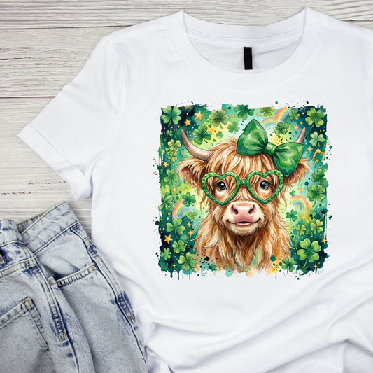 Highland Cow Watercolour St. Patrick’s Day Wearing Bow & Glasses T-shirt | St Patrick’s Day T-shirt | Shamrock