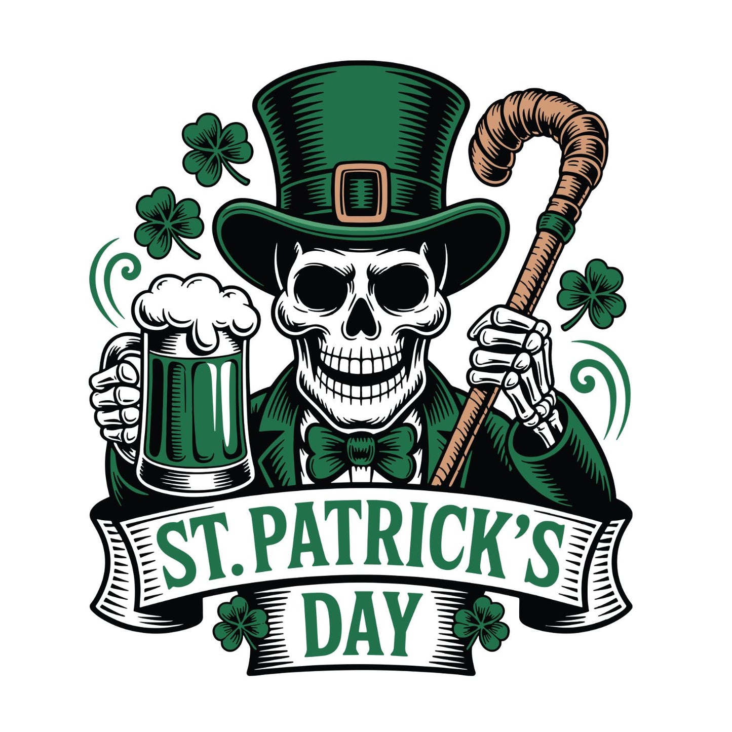 St. Patrick’s Day T-shirt | St Patrick’s Day T-shirt | Shamrock Skeleton Cane Beer | St. Paddy’s.