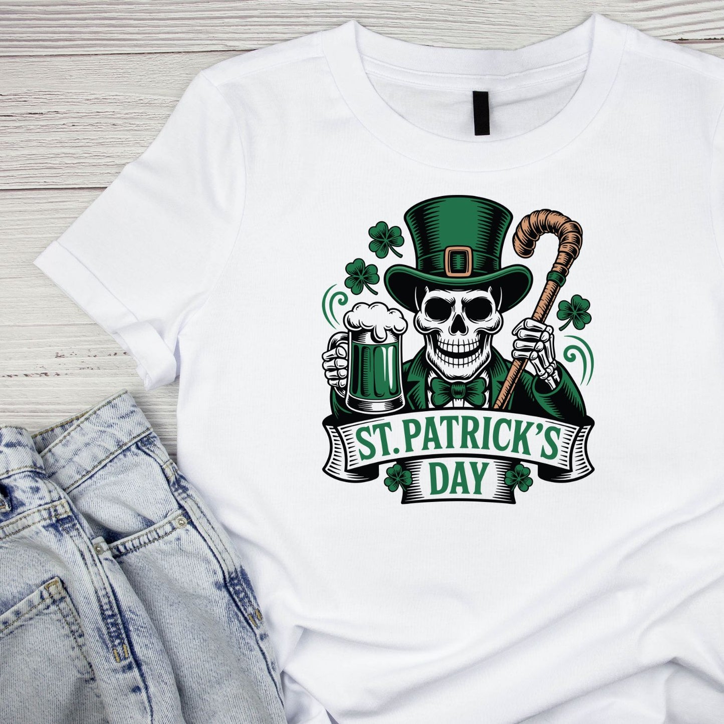 St. Patrick’s Day T-shirt | St Patrick’s Day T-shirt | Shamrock Skeleton Cane Beer | St. Paddy’s.