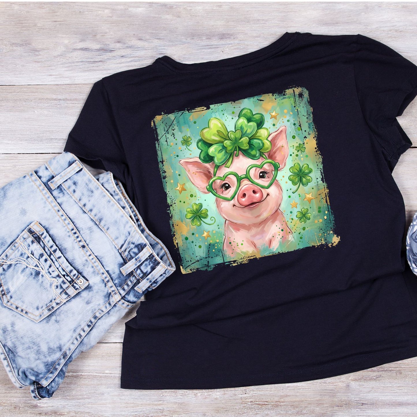 St. Patrick’s Day Watercolor Pig Wearing Glasses With Shamrock Bow  T-shirt | St Patrick’s Day T-shirt | Shamrock