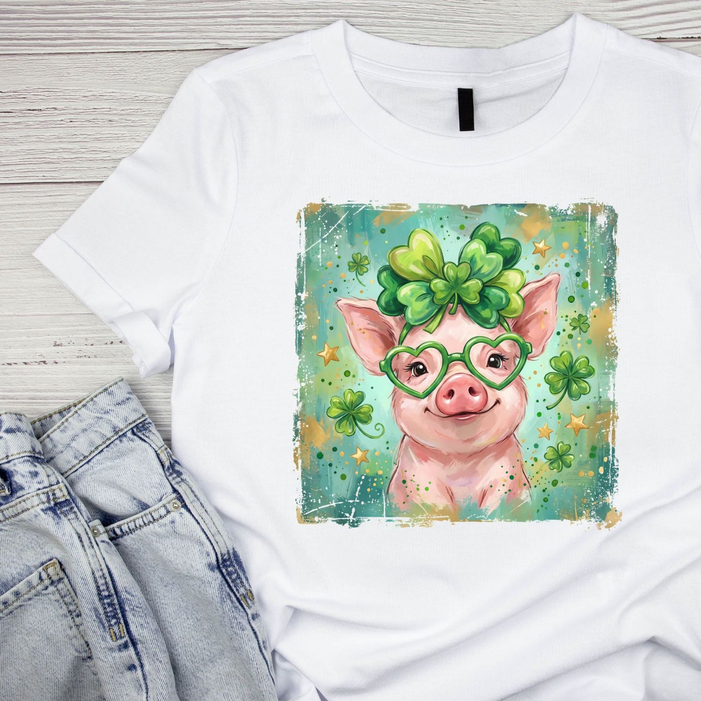 St. Patrick’s Day Watercolor Pig Wearing Glasses With Shamrock Bow  T-shirt | St Patrick’s Day T-shirt | Shamrock