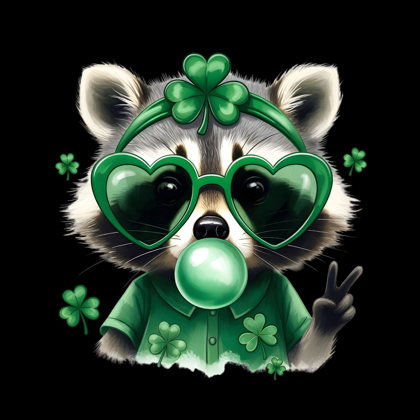 Raccoon Bowing Bubblegum Wearing Heart Glasses T-shirt | St Patrick’s Day T-shirt | Shamrock | Graphic Tee | Printed Shirt