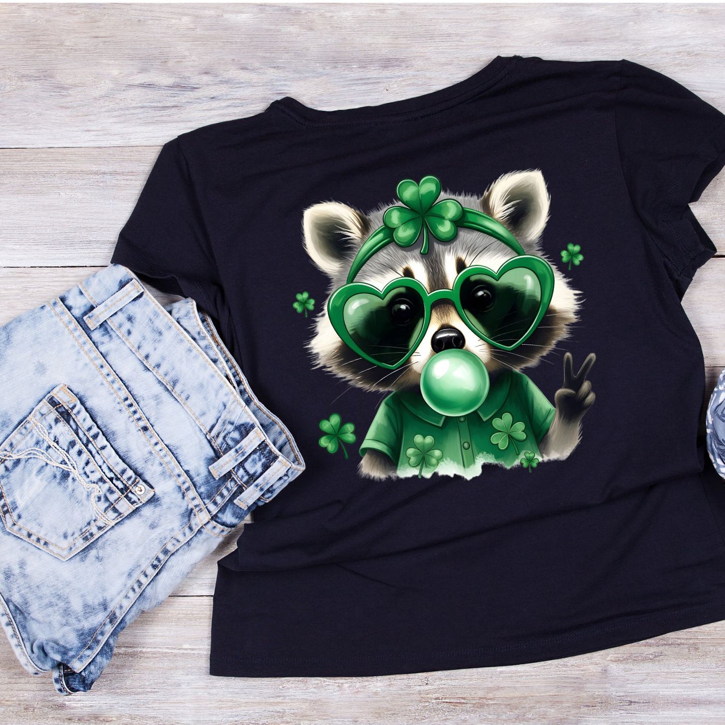 Raccoon Bowing Bubblegum Wearing Heart Glasses T-shirt | St Patrick’s Day T-shirt | Shamrock | Graphic Tee | Printed Shirt