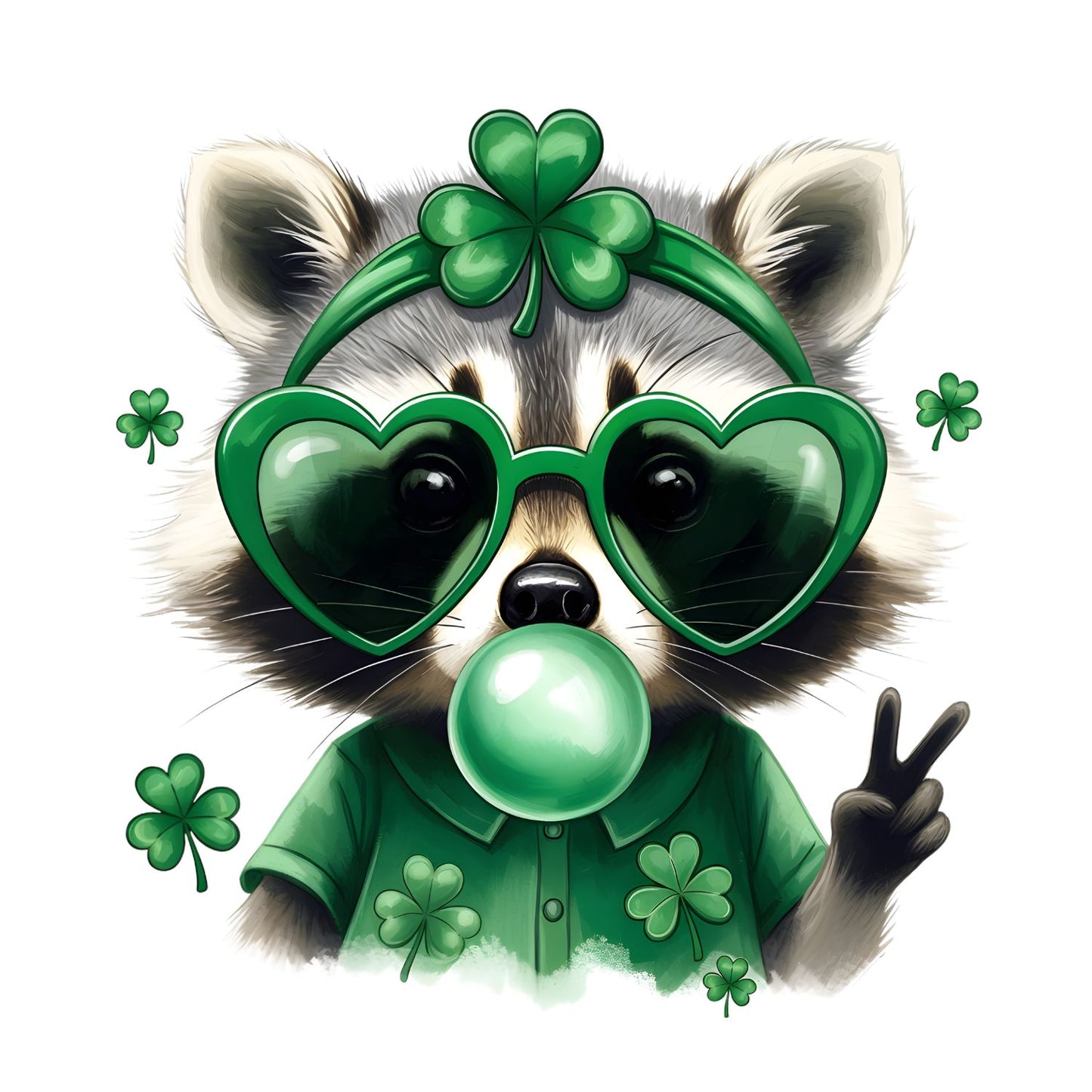 Raccoon Bowing Bubblegum Wearing Heart Glasses T-shirt | St Patrick’s Day T-shirt | Shamrock | Graphic Tee | Printed Shirt