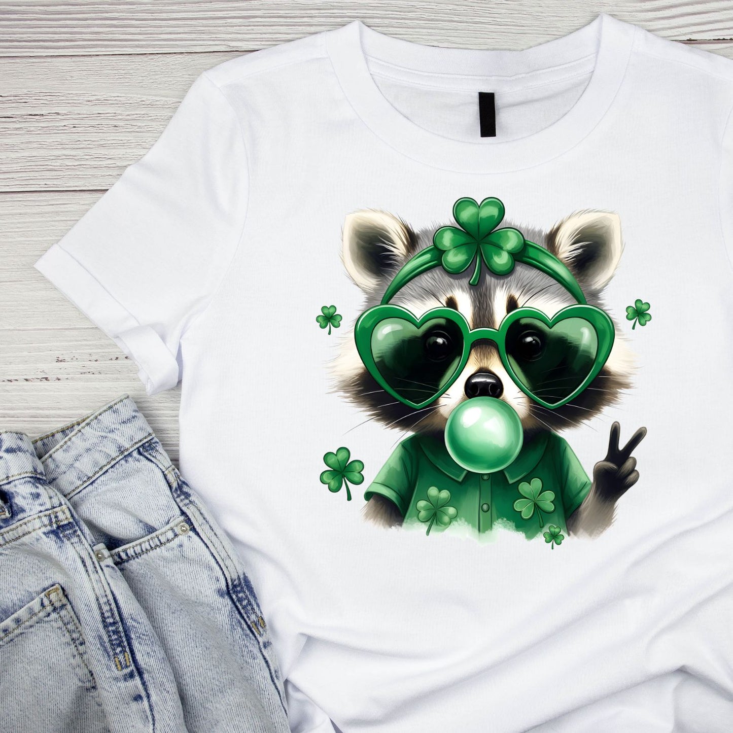 Raccoon Bowing Bubblegum Wearing Heart Glasses T-shirt | St Patrick’s Day T-shirt | Shamrock | Graphic Tee | Printed Shirt