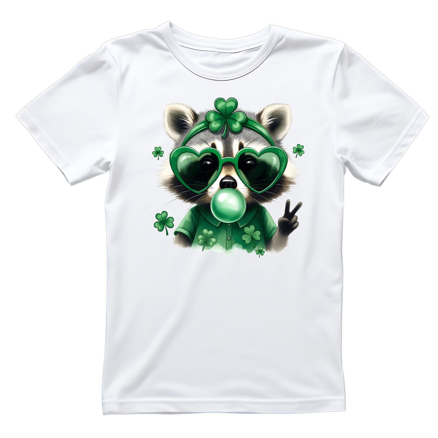 Raccoon Bowing Bubblegum Wearing Heart Glasses T-shirt | St Patrick’s Day T-shirt | Shamrock | Graphic Tee | Printed Shirt
