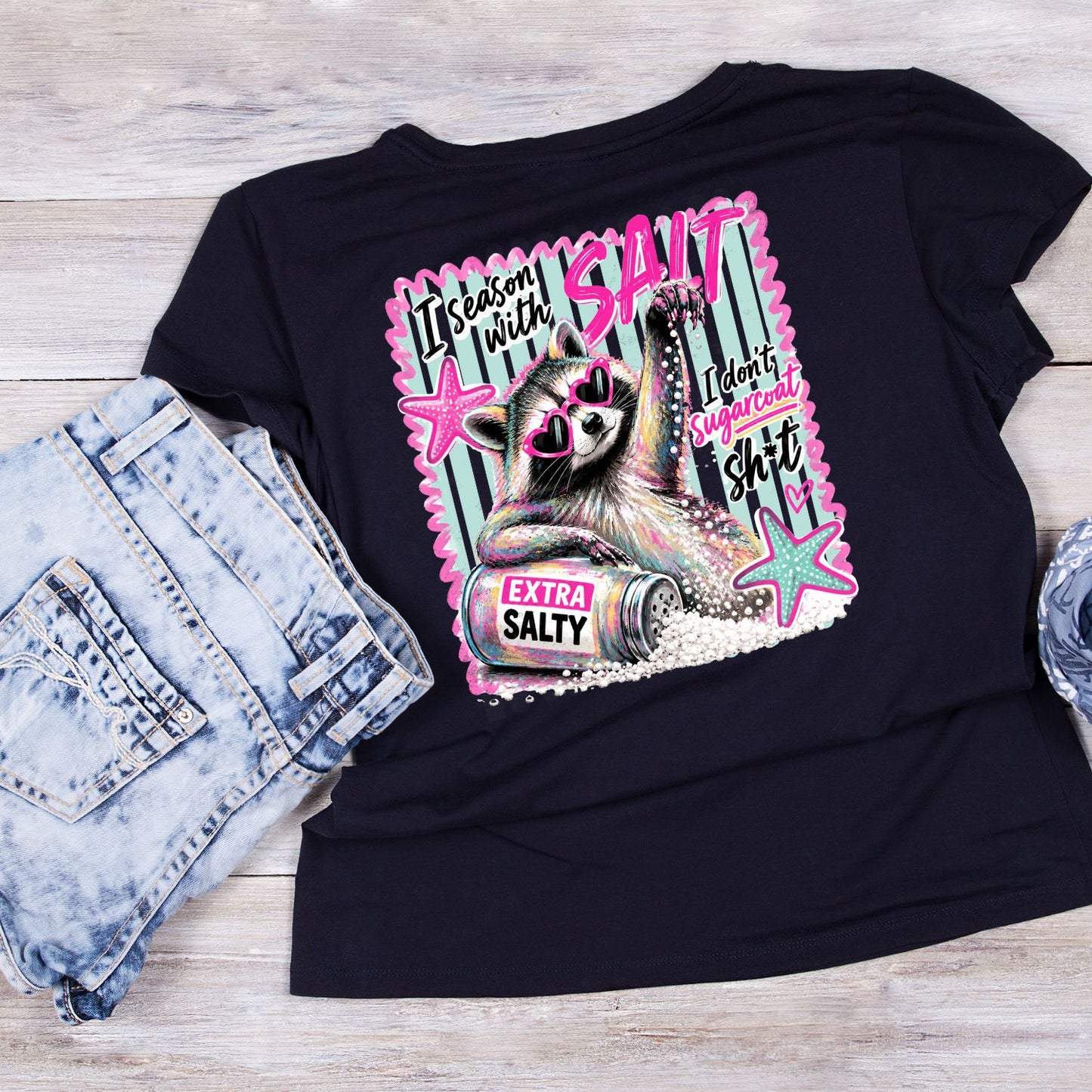 I Season With Salt Raccoon Extra Salty T-Shirt | Summer Graphic Tee | Beach Shirt