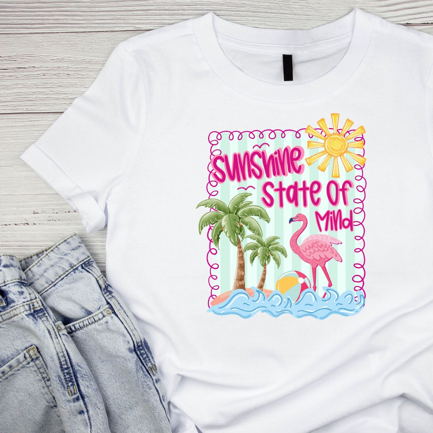 Sunshine State Of Mind Flamingo T-Shirt | Summer Graphic Tee | Beach Shirt