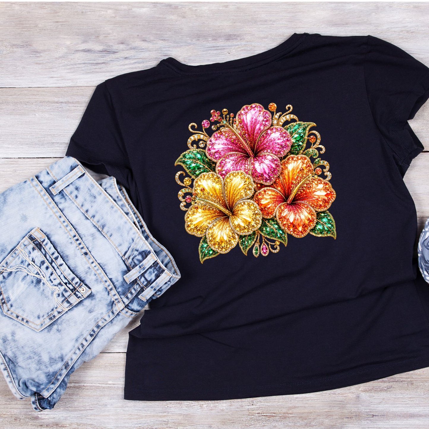 Glitter-look Hibiscus Florals T-Shirt | Summer Graphic Tee | Beach Shirt