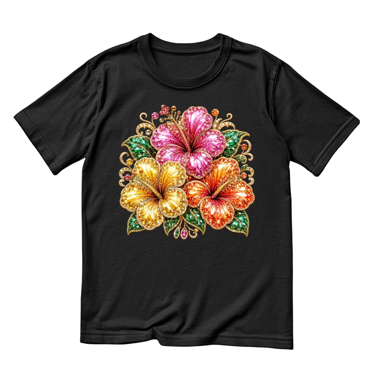 Glitter-look Hibiscus Florals T-Shirt | Summer Graphic Tee | Beach Shirt