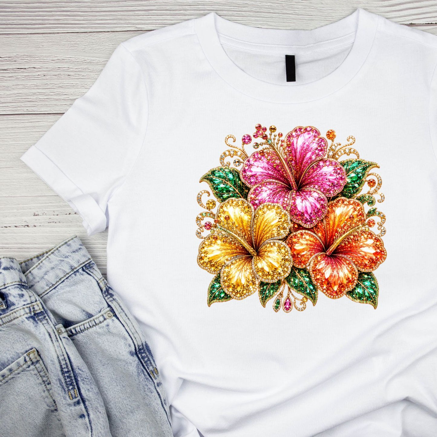 Glitter-look Hibiscus Florals T-Shirt | Summer Graphic Tee | Beach Shirt