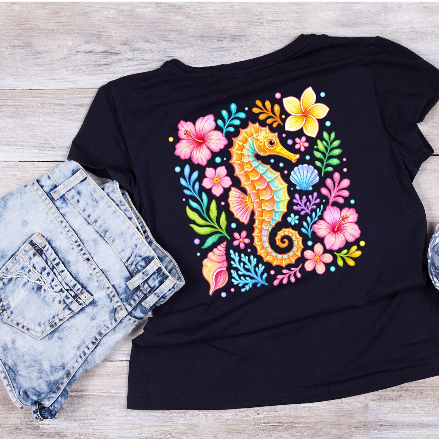 Seahorse Floral T-Shirt | Summer Graphic Tee | Beach Shirt