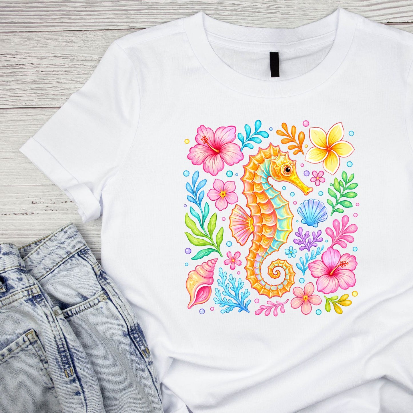 Seahorse Floral T-Shirt | Summer Graphic Tee | Beach Shirt