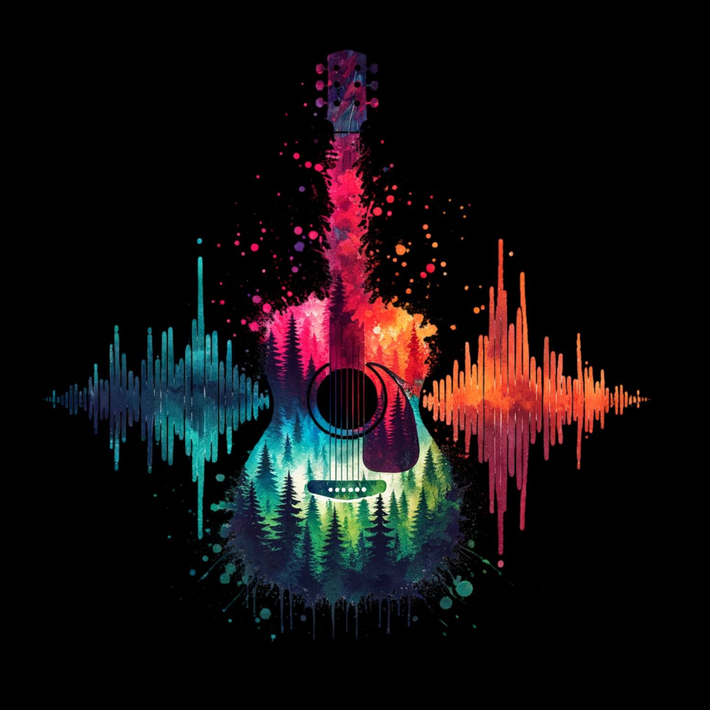 Colour Splash Guitar Forest T-Shirt| Music | Songs | Band