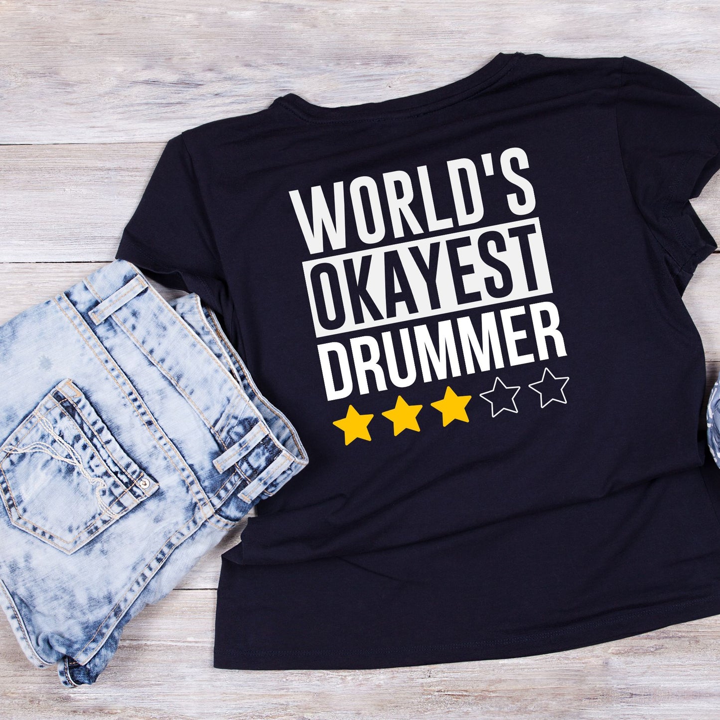 World’s Okayest Drummer 3-star T-Shirt | Funny Joke Sarcastic | Gift Drums | Music | Band