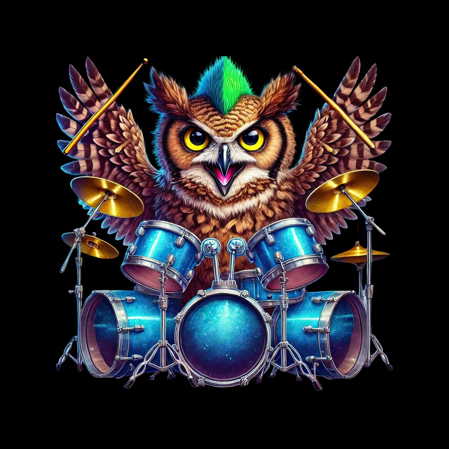 Owl Drummer Mohawk Green T-Shirt| Music | Songs | Band| Graphic Tee