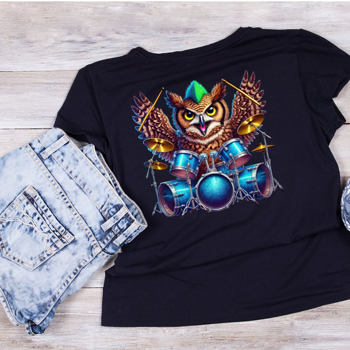 Owl Drummer Mohawk Green T-Shirt| Music | Songs | Band| Graphic Tee