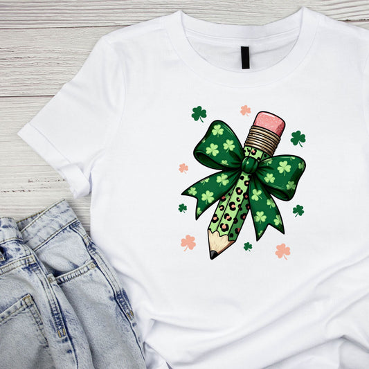 Pencil St. Patrick’s Day Bow T-shirt | St Patrick’s Day T-shirt | Shamrock | Graphic Tee | Printed Shirt | Teacher
