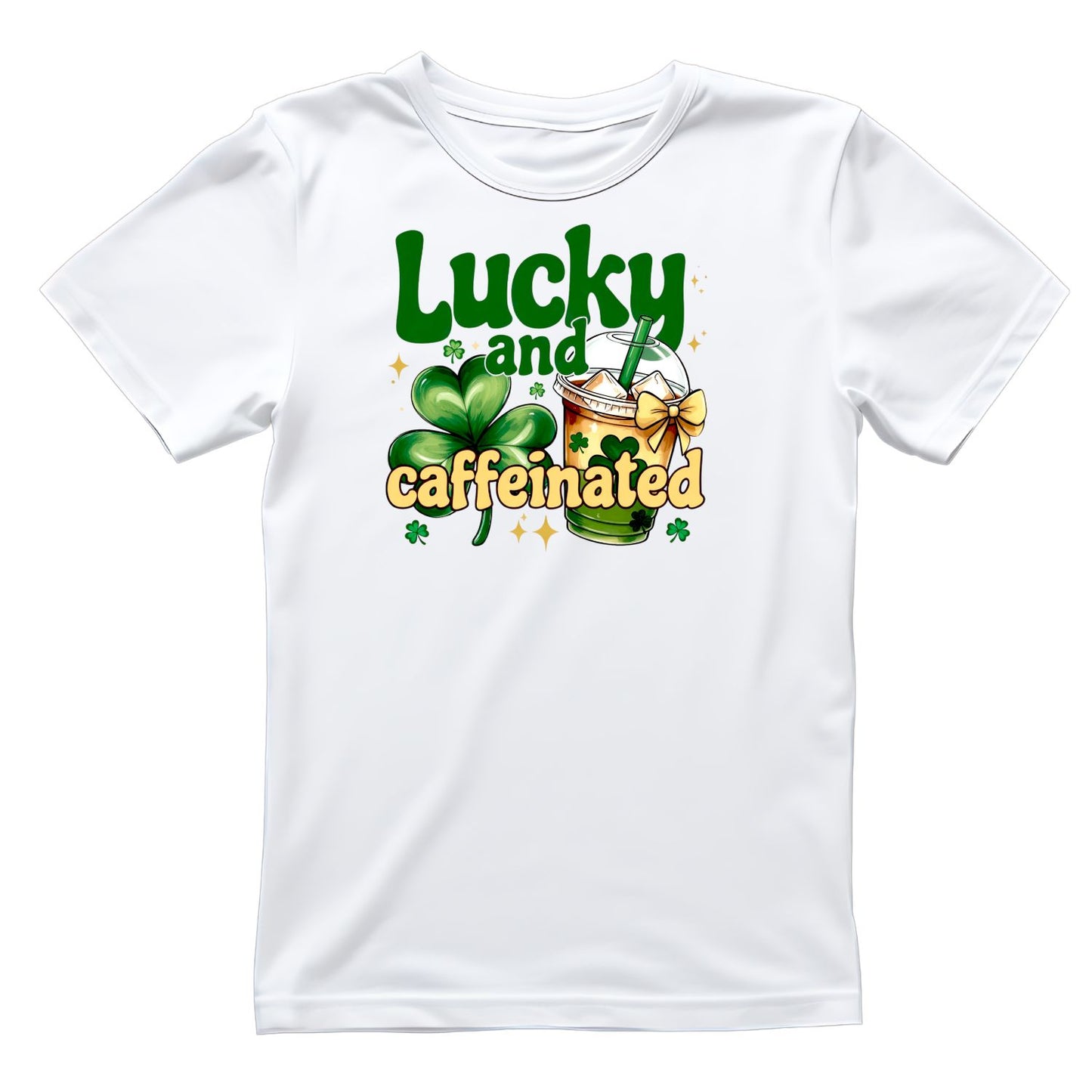 Lucky And Caffeinated T-shirt | St Patrick’s Day T-shirt | Shamrock | Graphic Tee | Printed Shirt | Coffee Tea Bubble Tea | St. Paddy’s.