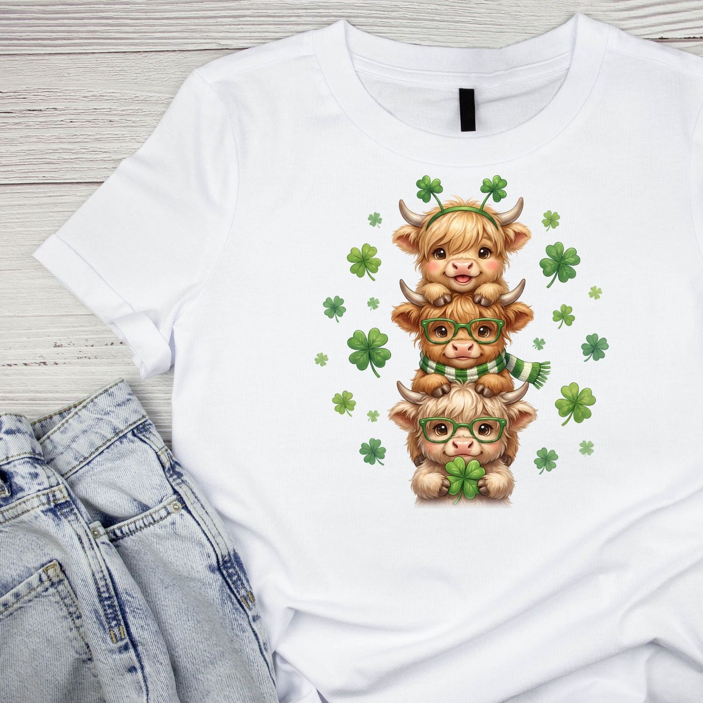 Shamrock Snuggles Highland Cows T-shirt | St Patrick’s Day T-shirt | Shamrock | Graphic Tee | Printed Shirt | St. Paddy’s