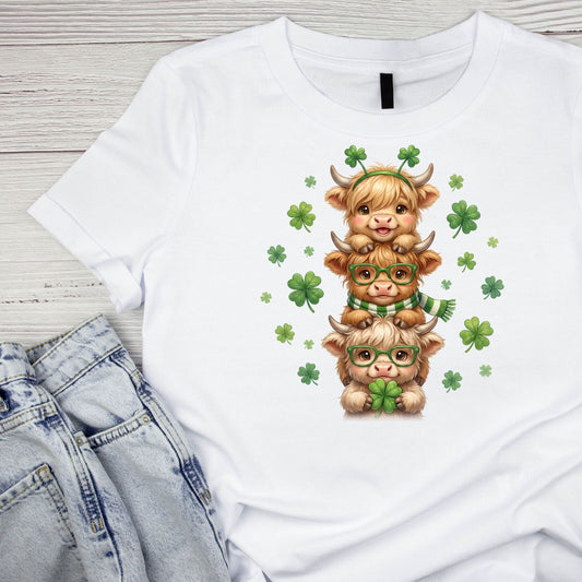 Shamrock Snuggles Highland Cows T-shirt | St Patrick’s Day T-shirt | Shamrock | Graphic Tee | Printed Shirt | St. Paddy’s