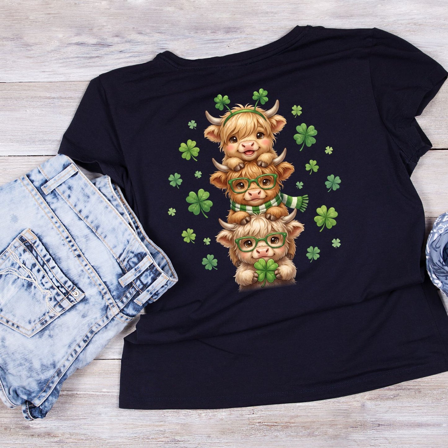 Shamrock Snuggles Highland Cows T-shirt | St Patrick’s Day T-shirt | Shamrock | Graphic Tee | Printed Shirt | St. Paddy’s