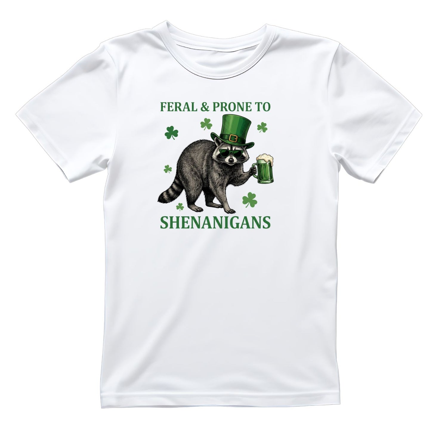 Feral & Prone to Shenanigans Racoon Beer T-shirt | St Patrick’s Day T-shirt | Shamrock | Graphic Tee | Printed Shirt | St. Paddy’s
