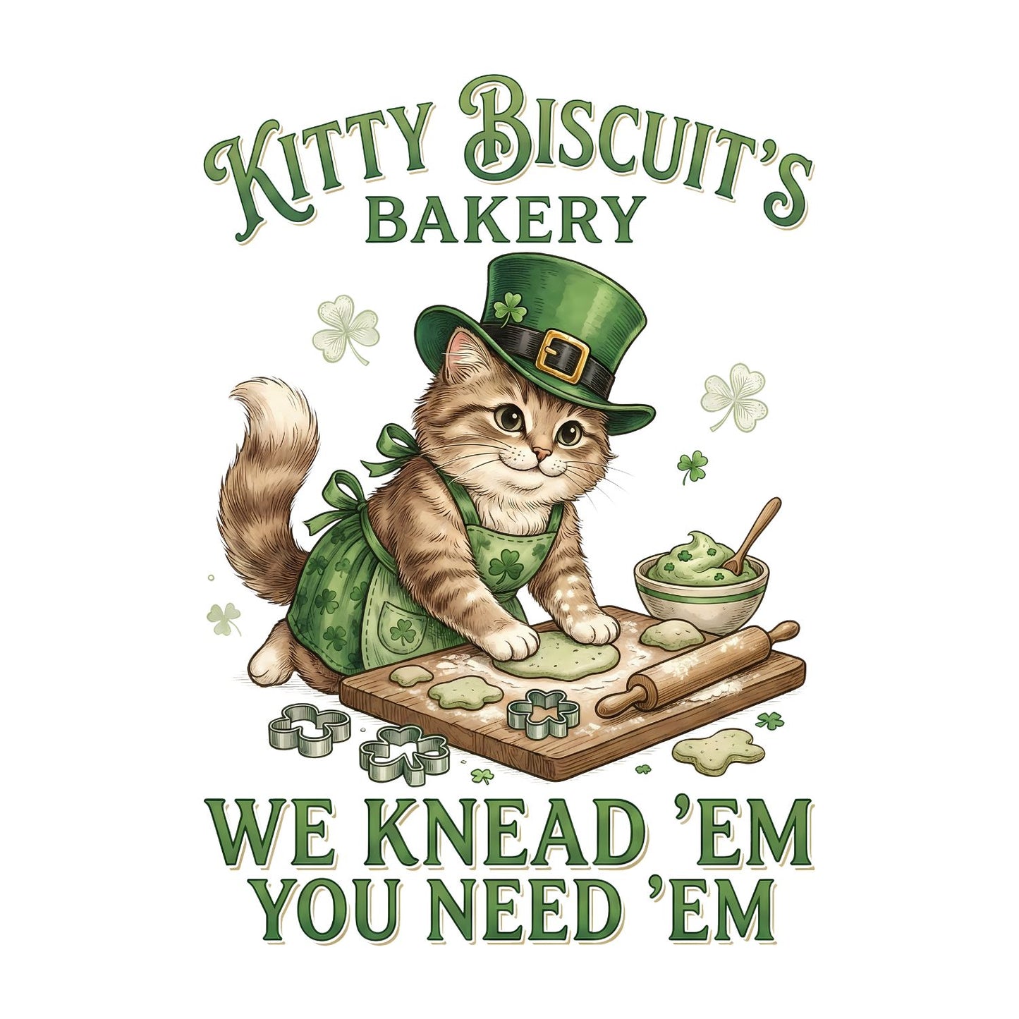 Kitty Biscuits Bakery We Knead ‘em You Need ‘em St Patrick’s day T-shirt | St Patrick’s Day T-shirt | Shamrock | Graphic Tee | Printed Shirt | St. Paddy’s