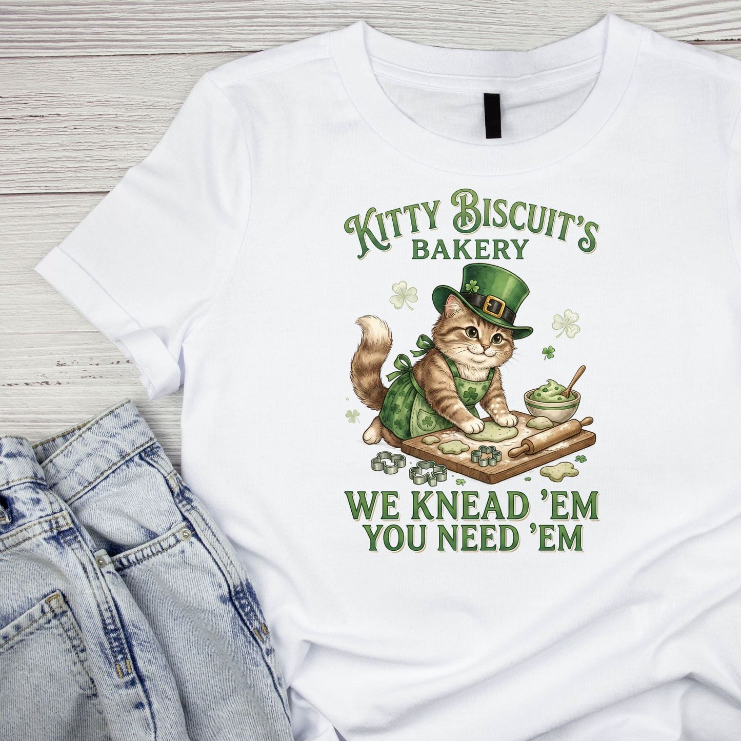 Kitty Biscuits Bakery We Knead ‘em You Need ‘em St Patrick’s day T-shirt | St Patrick’s Day T-shirt | Shamrock | Graphic Tee | Printed Shirt | St. Paddy’s