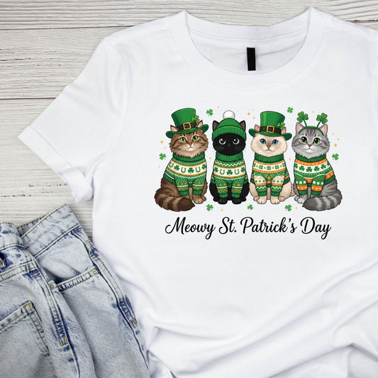 Festive Cats Meowy St. Patrick’s Day  T-shirt | St Patrick’s Day T-shirt | St. Paddy’s.