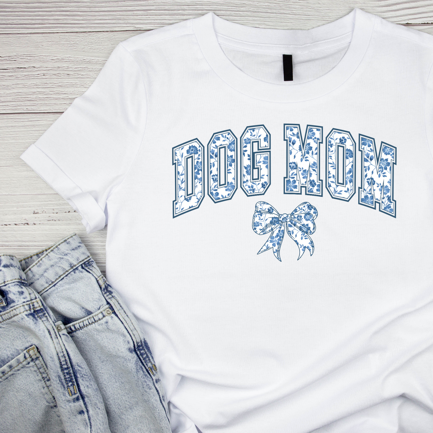Vintage Floral Dog Mom T-shirt | Graphic Tee | Printed Shirt | Animal Lover | Dogs Mama | Blue White