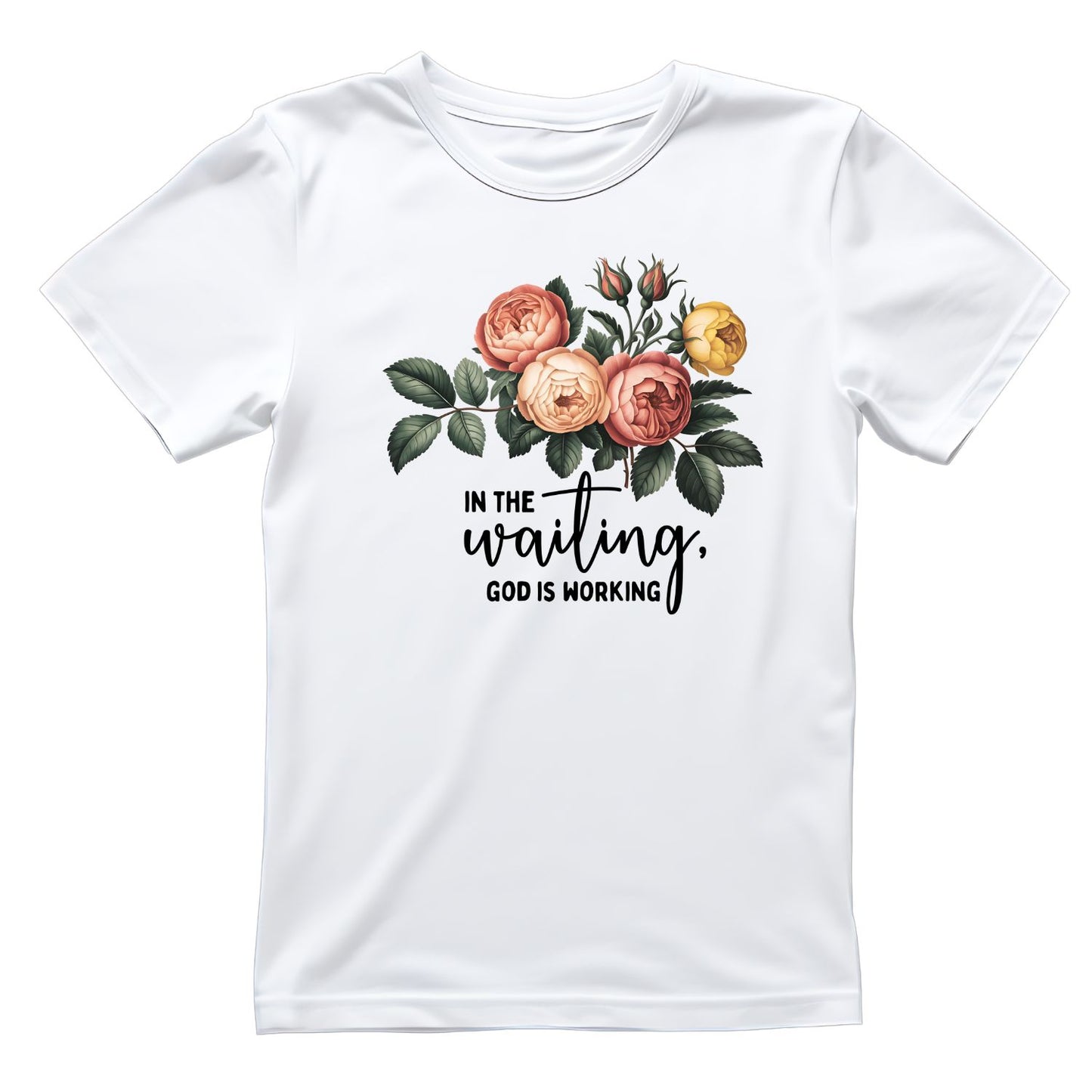 In The Waiting God Is Working Peonies T-Shirt | Faith Graphic Tee | Jesus God Shirt