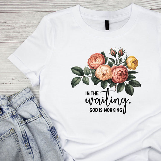 In The Waiting God Is Working Peonies T-Shirt | Faith Graphic Tee | Jesus God Shirt