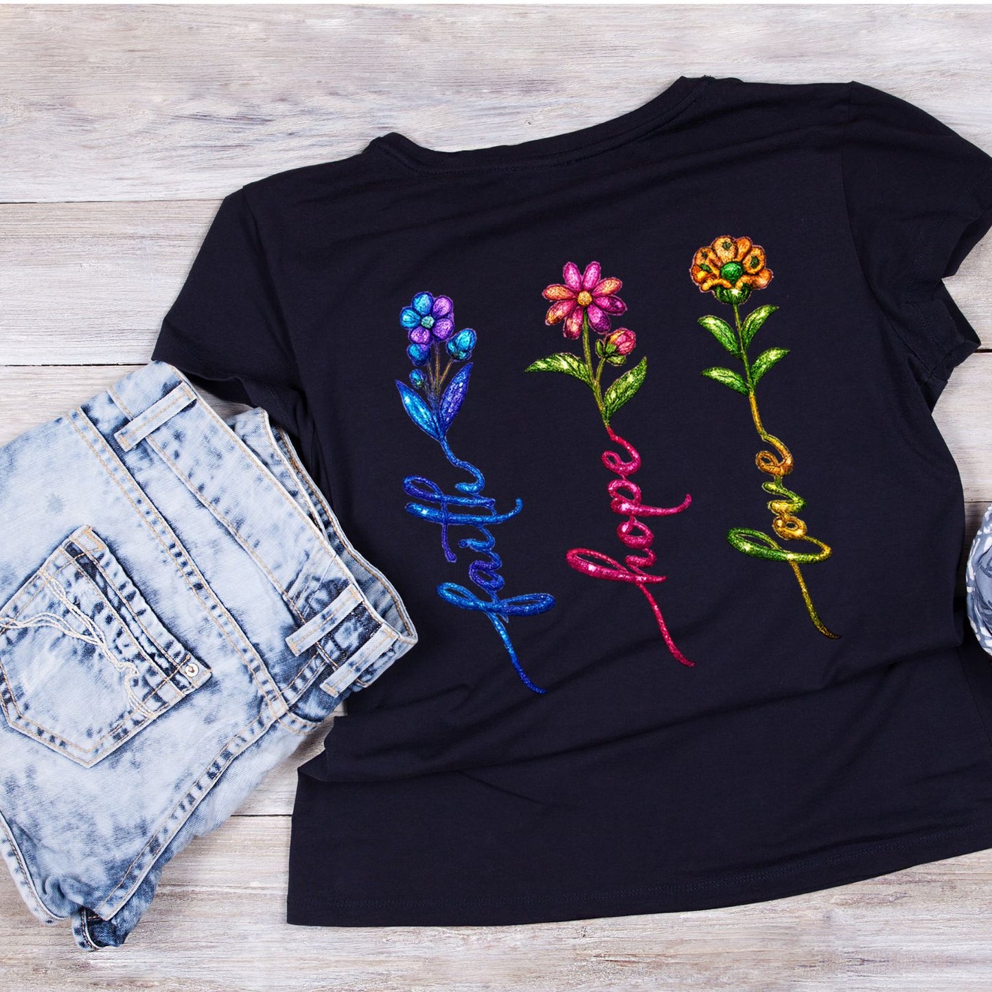 Faith Hope Love Glitter Flower T-Shirt | Faith Graphic Tee | Jesus God Shirt