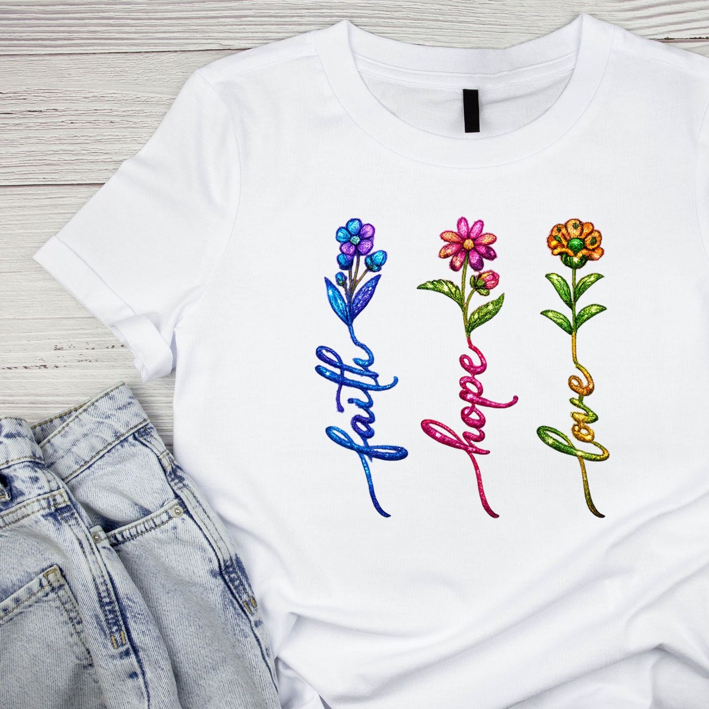 Faith Hope Love Glitter Flower T-Shirt | Faith Graphic Tee | Jesus God Shirt