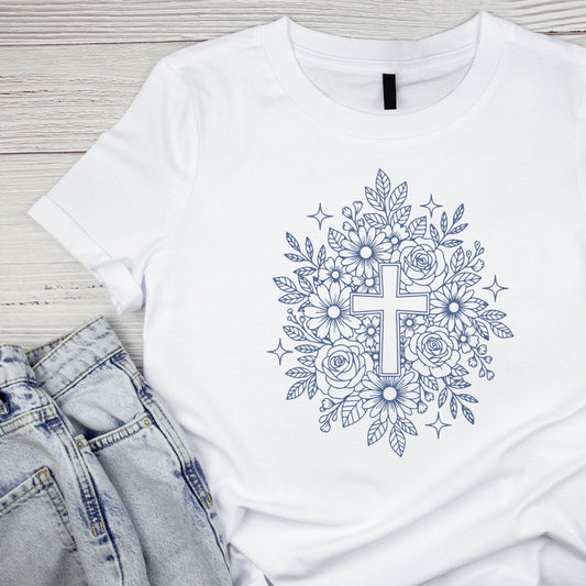 Floral Blur Cross T-Shirt | Faith Graphic Tee | Jesus God Shirt