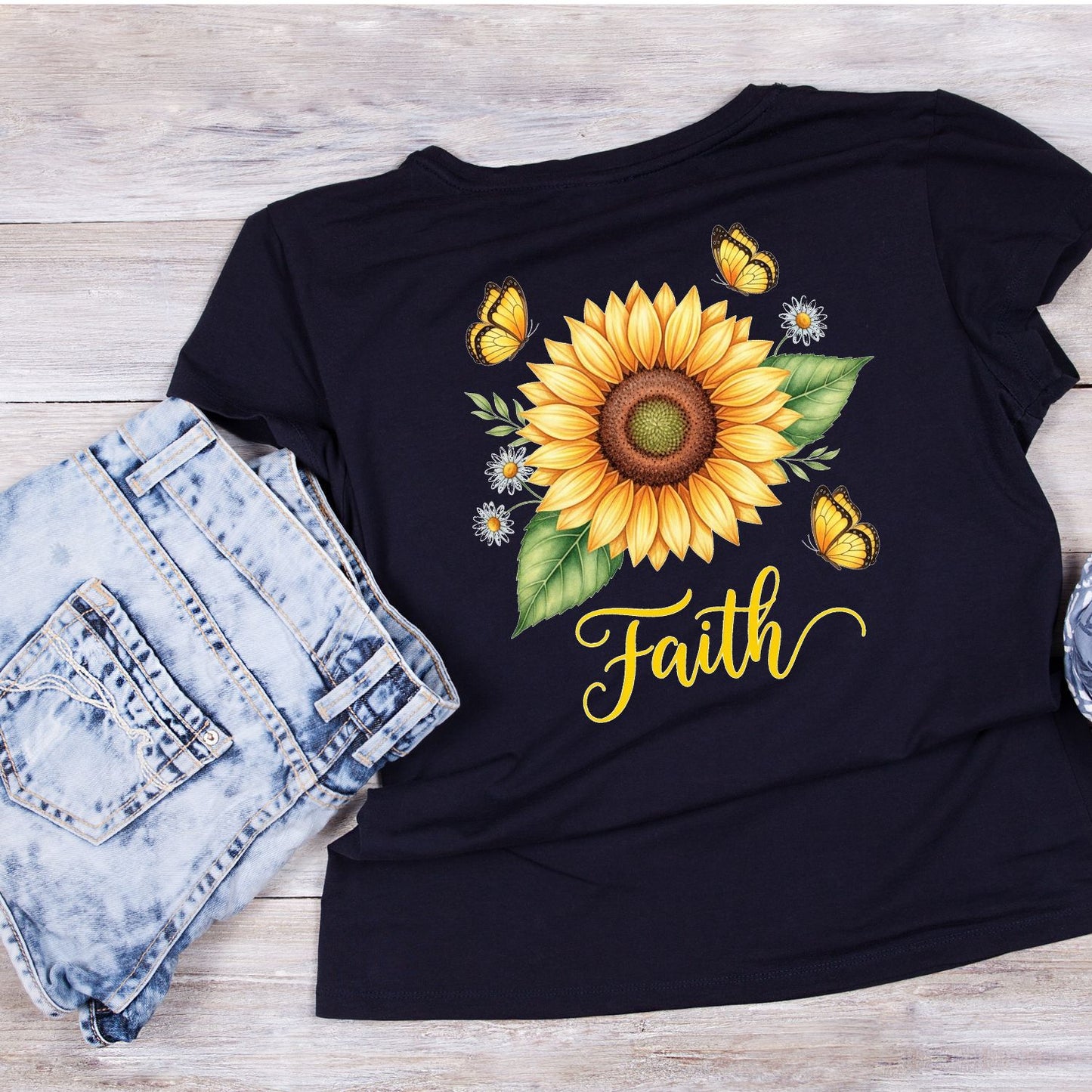 Faith Sunflowers Butterfly T-Shirt | Faith Graphic Tee | Jesus God Shirt